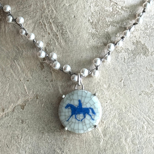 Danish Porcelain Cabachon with Trotting Horse Necklace