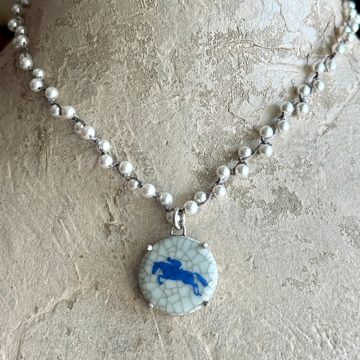 Danish Porcelain Cabachon with Jumping Horse Necklace