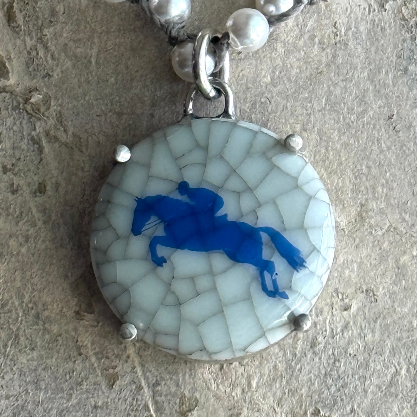 Danish Porcelain Cabachon with Jumping Horse Necklace