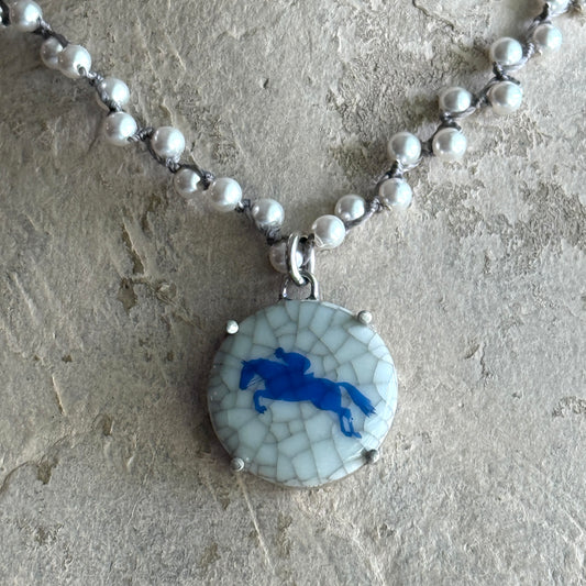 Danish Porcelain Cabachon with Jumping Horse Necklace