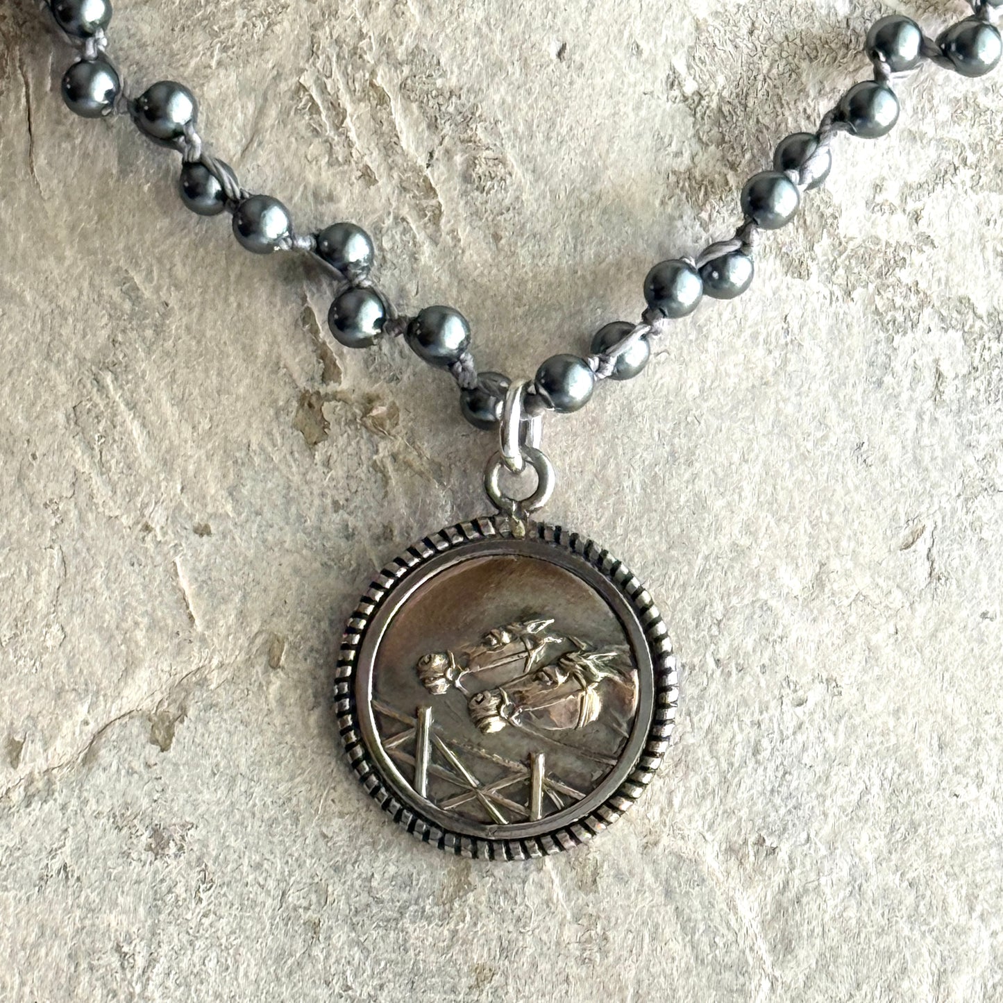 Double Horse Head Medal on Pearl Necklace