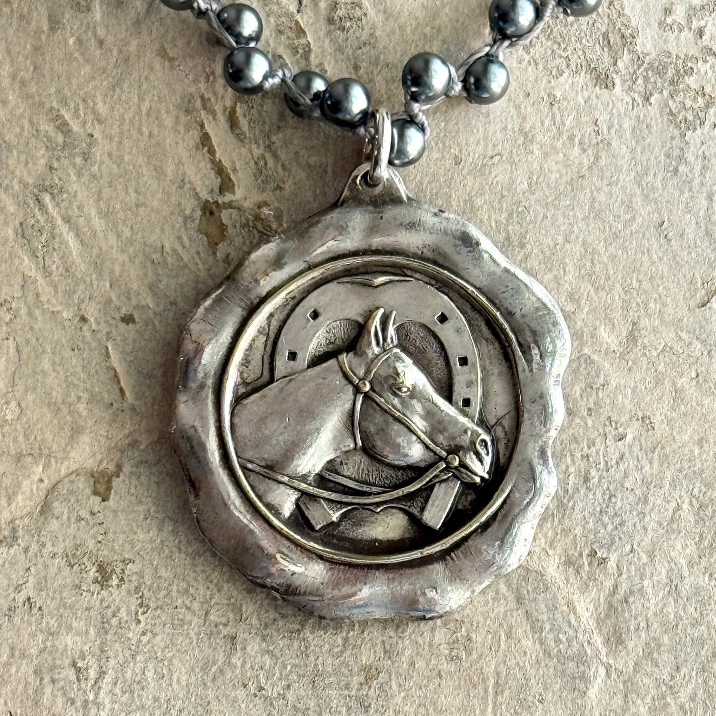 French Horse Show Medal on Pearl Necklace