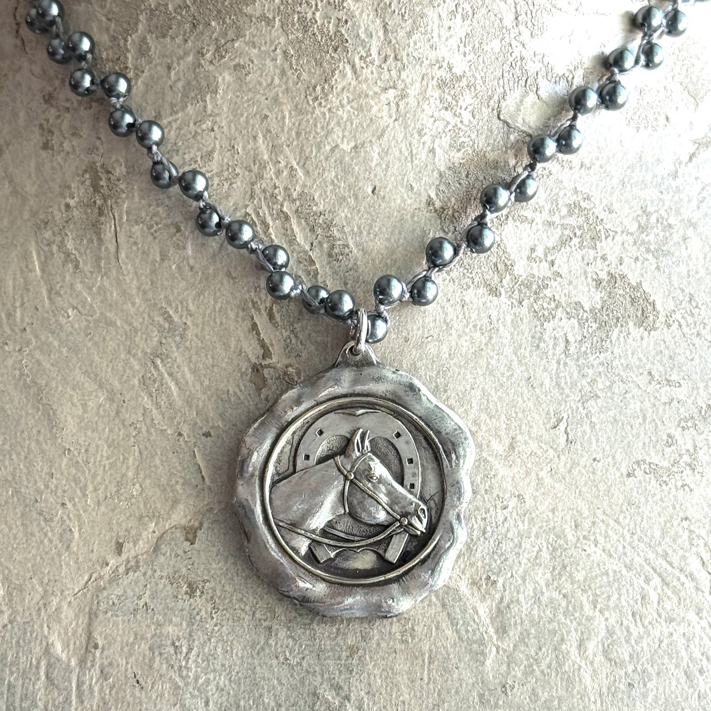 French Horse Show Medal on Pearl Necklace