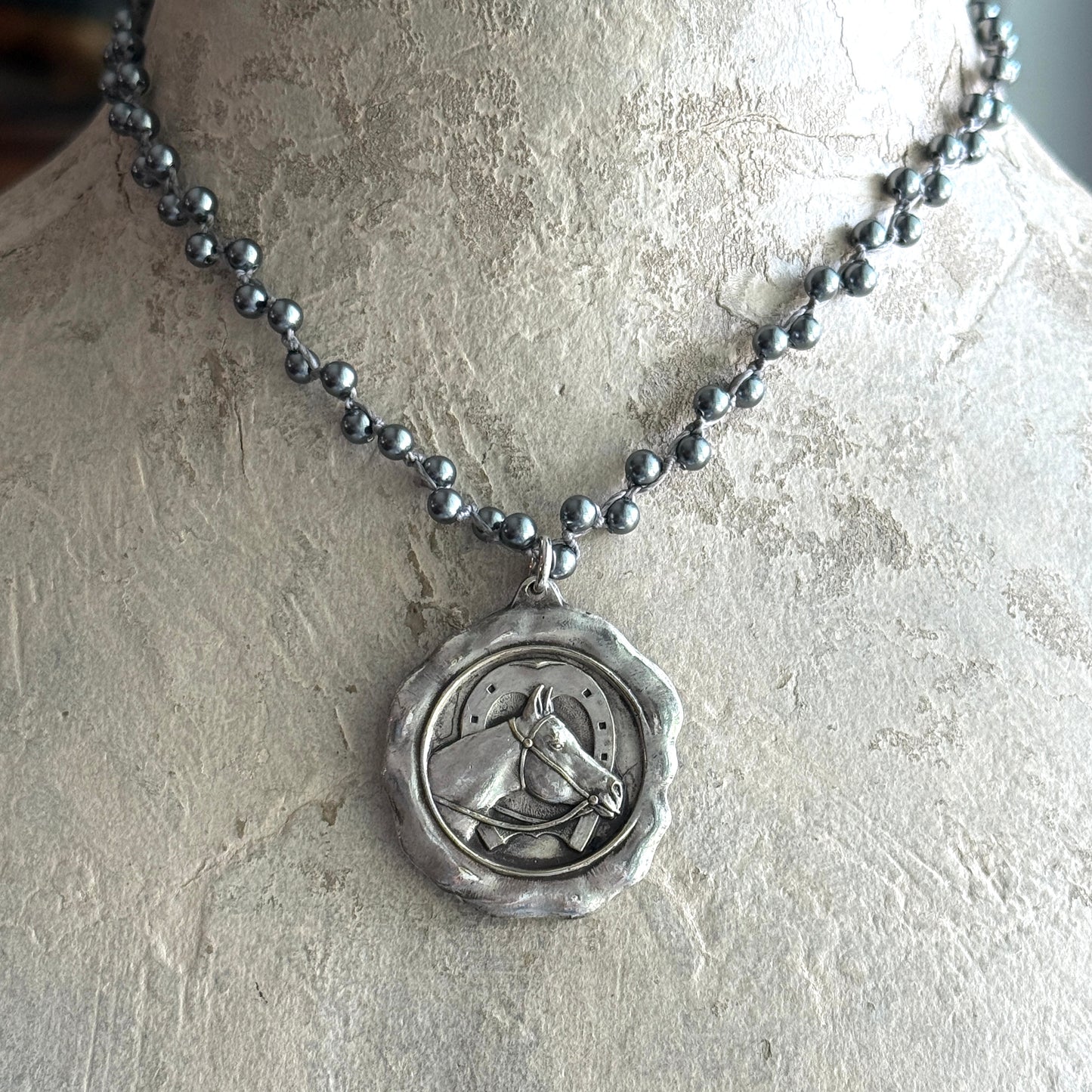French Horse Show Medal on Pearl Necklace