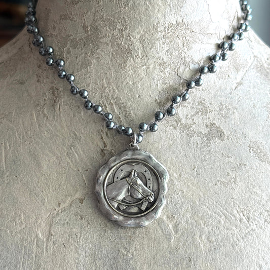 French Horse Show Medal on Pearl Necklace