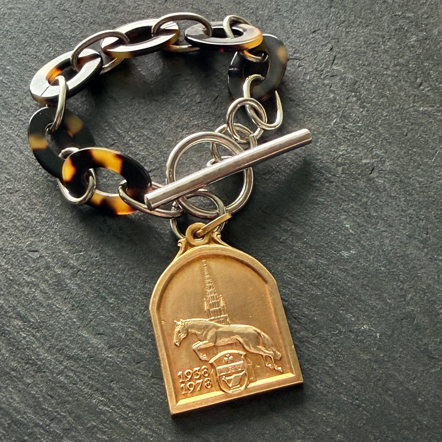 Sterling and Tortoise Shell Chain Bracelet with Horse Medal