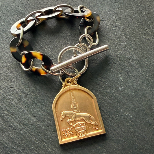 Sterling and Tortoise Shell Chain Bracelet with Horse Medal