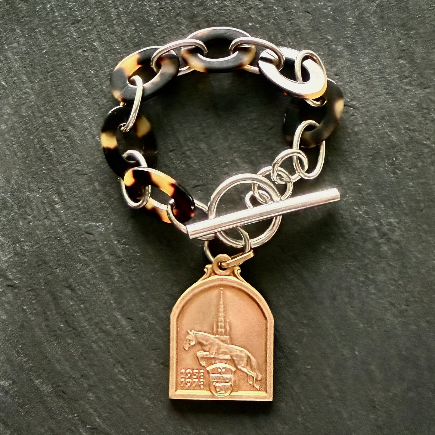 Sterling and Tortoise Shell Chain Bracelet with Horse Medal