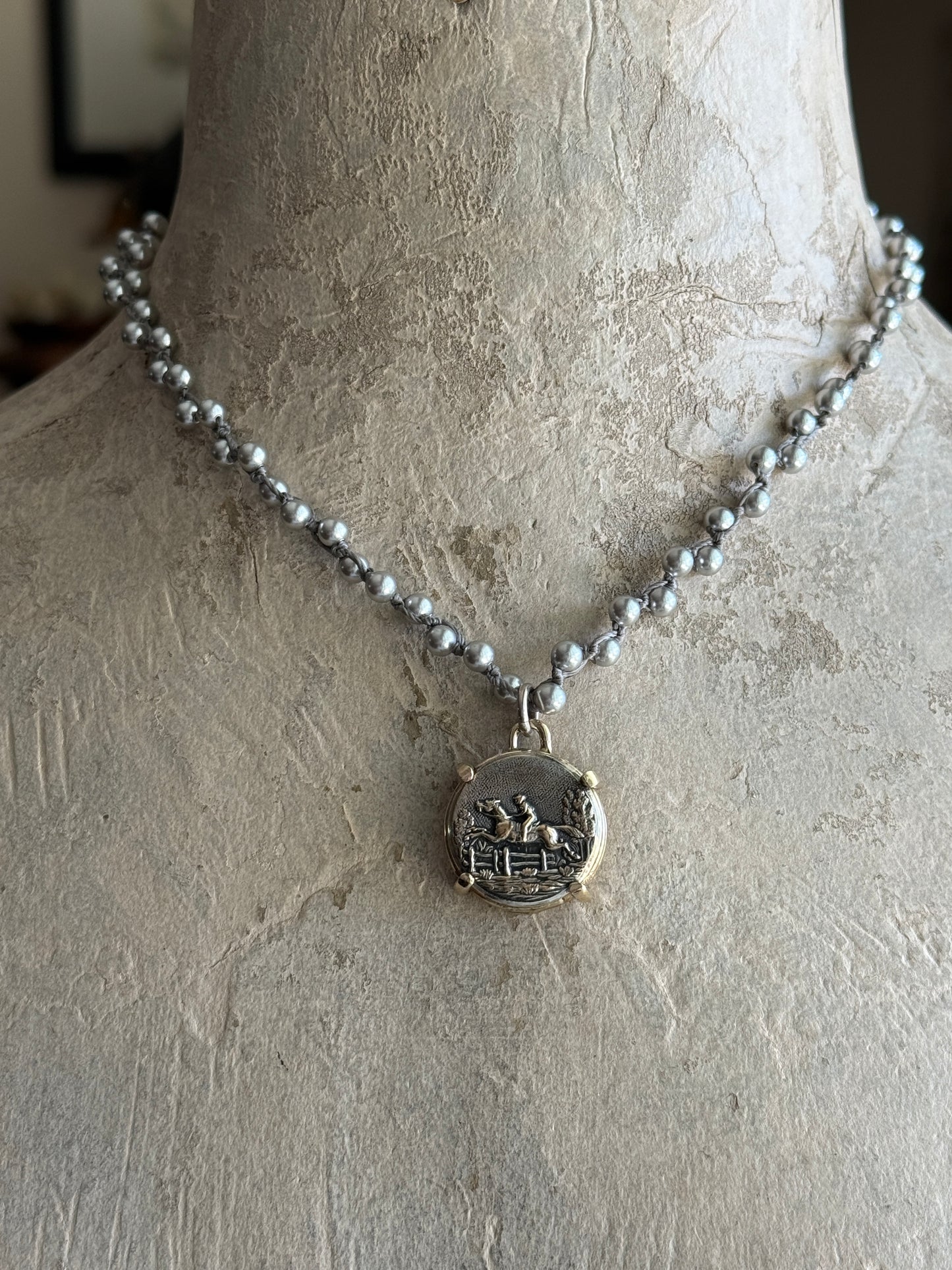 Silvered Brass Galloping Horse Button Necklace