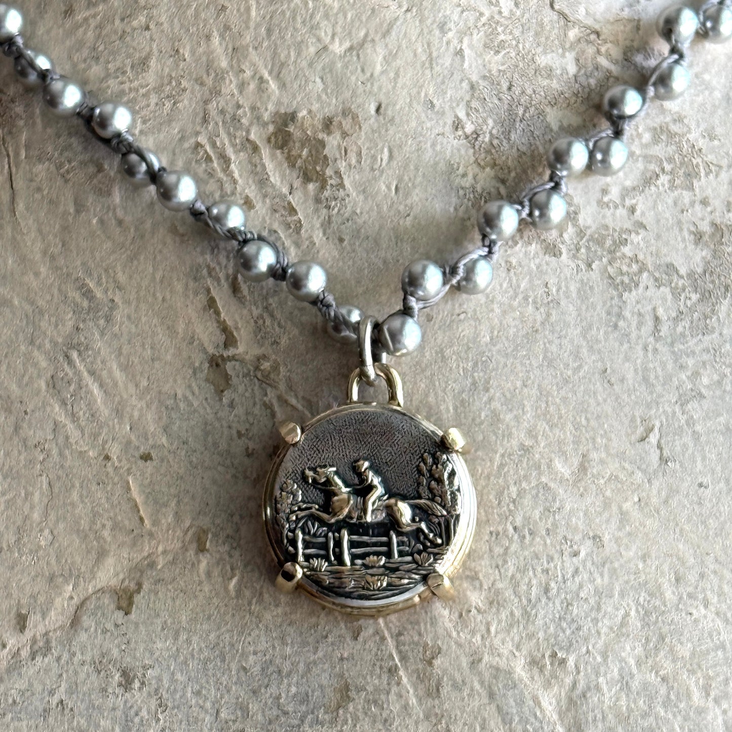 Silvered Brass Galloping Horse Button Necklace