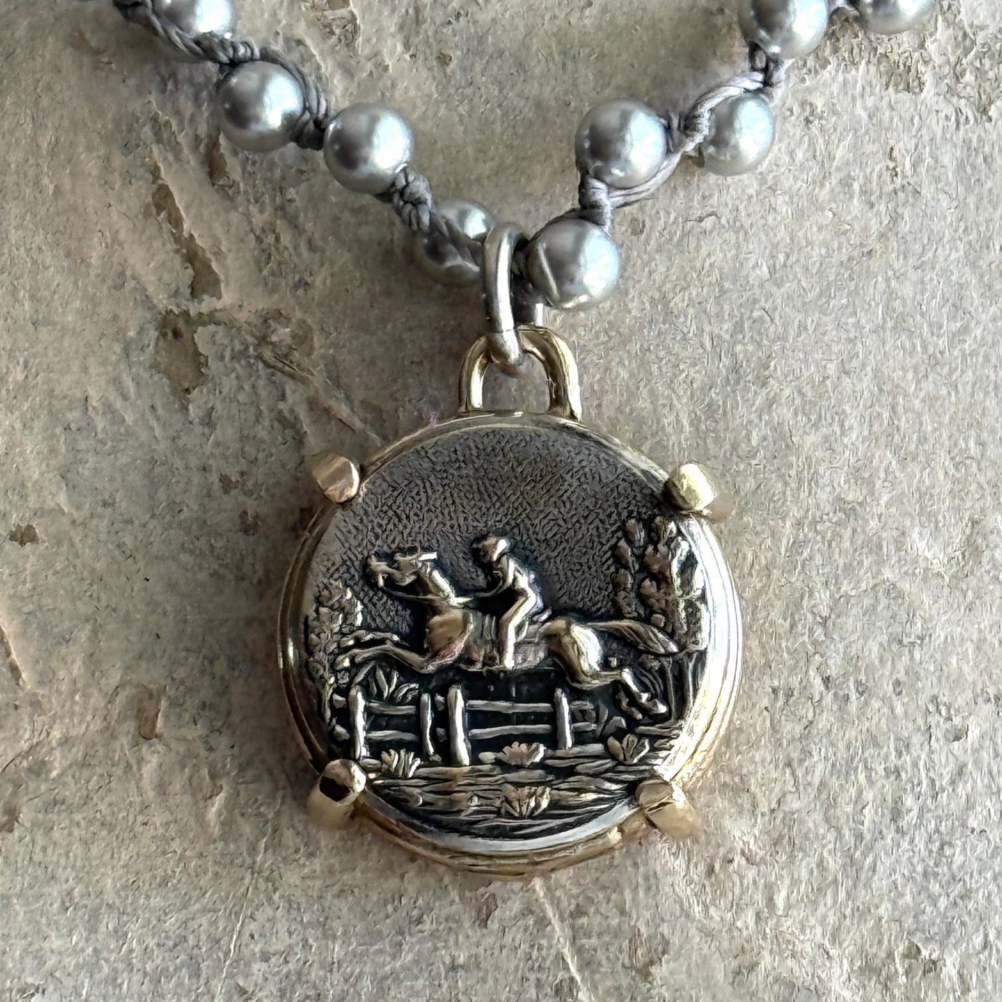 Silvered Brass Galloping Horse Button Necklace