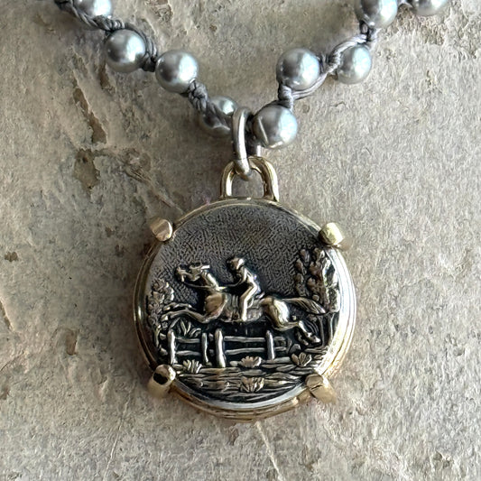 Silvered Brass Galloping Horse Button Necklace