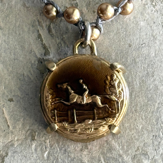 Tinted Brass Galloping Horse Button Necklace