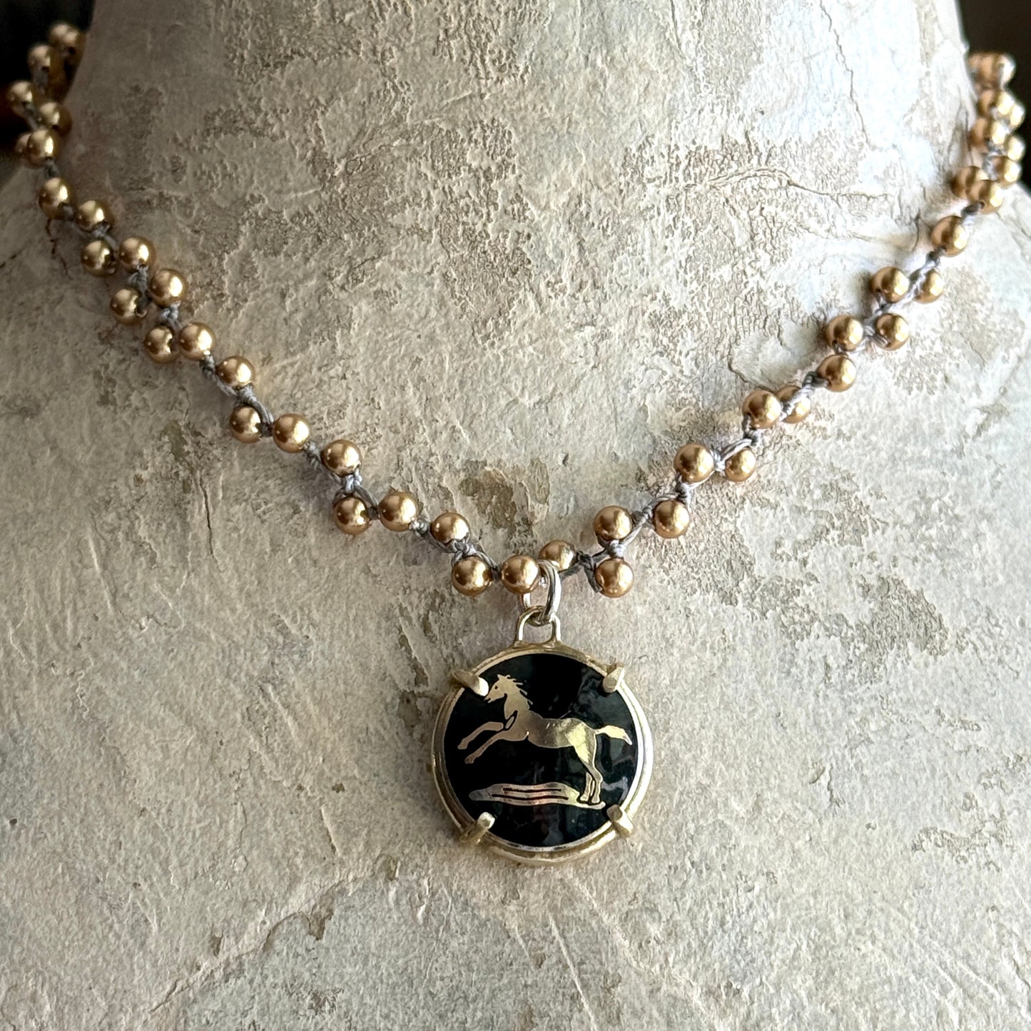 Black and Gold Enamel Horse Button Necklace