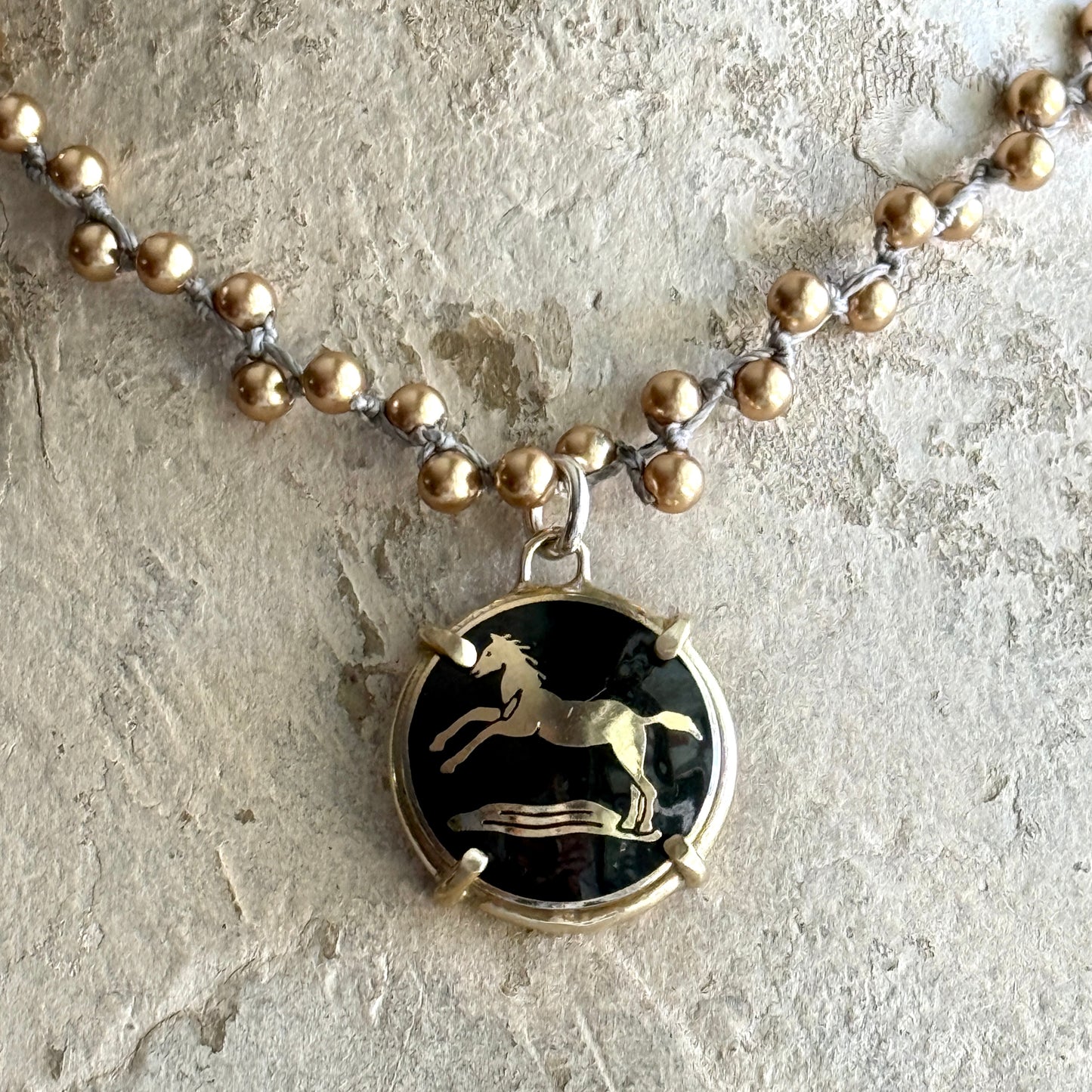 Black and Gold Enamel Horse Button Necklace