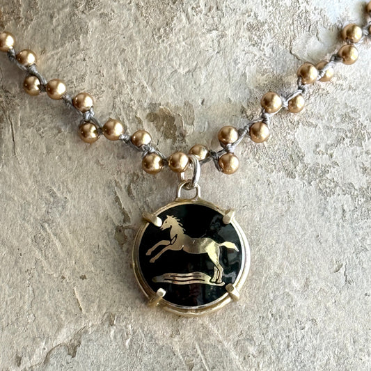 Black and Gold Enamel Horse Button Necklace