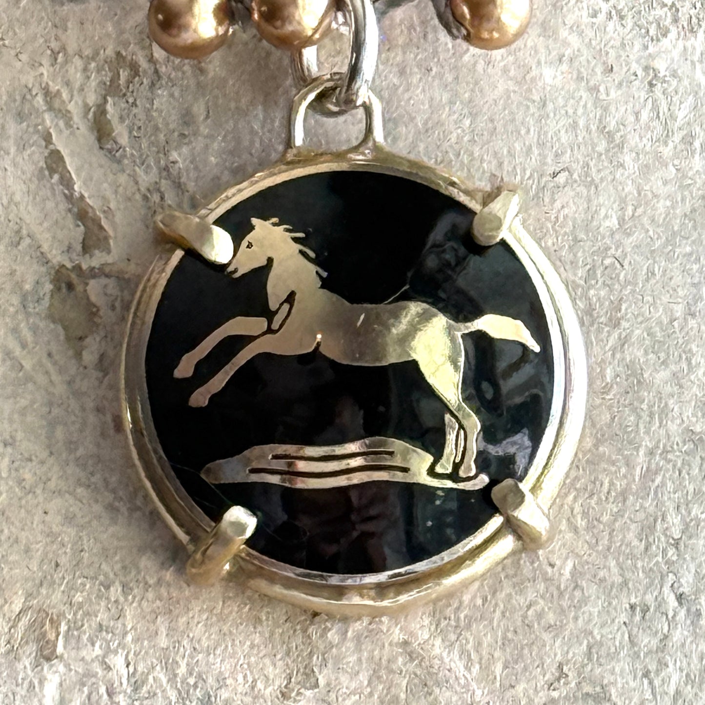 Black and Gold Enamel Horse Button Necklace