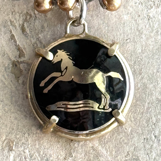 Black and Gold Enamel Horse Button Necklace