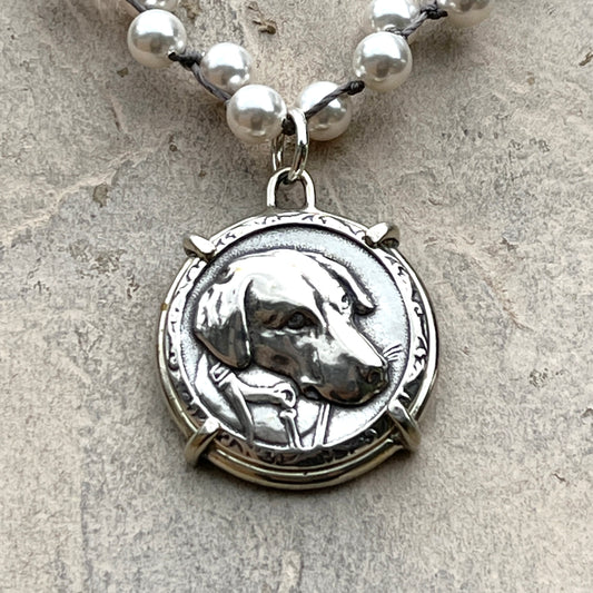 Handsome Sterling Hound Dog Button Necklace