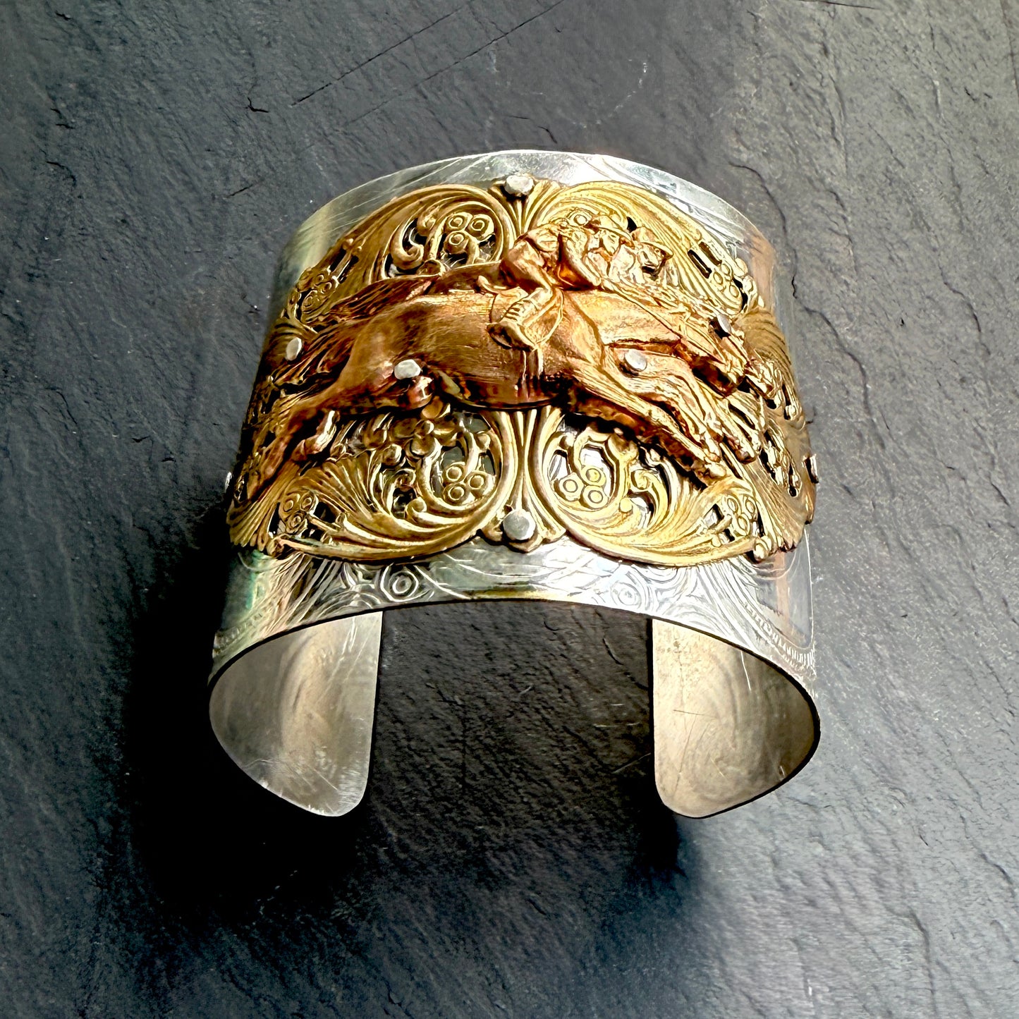 Silver Platter Horse Racing Cuff Bracelet