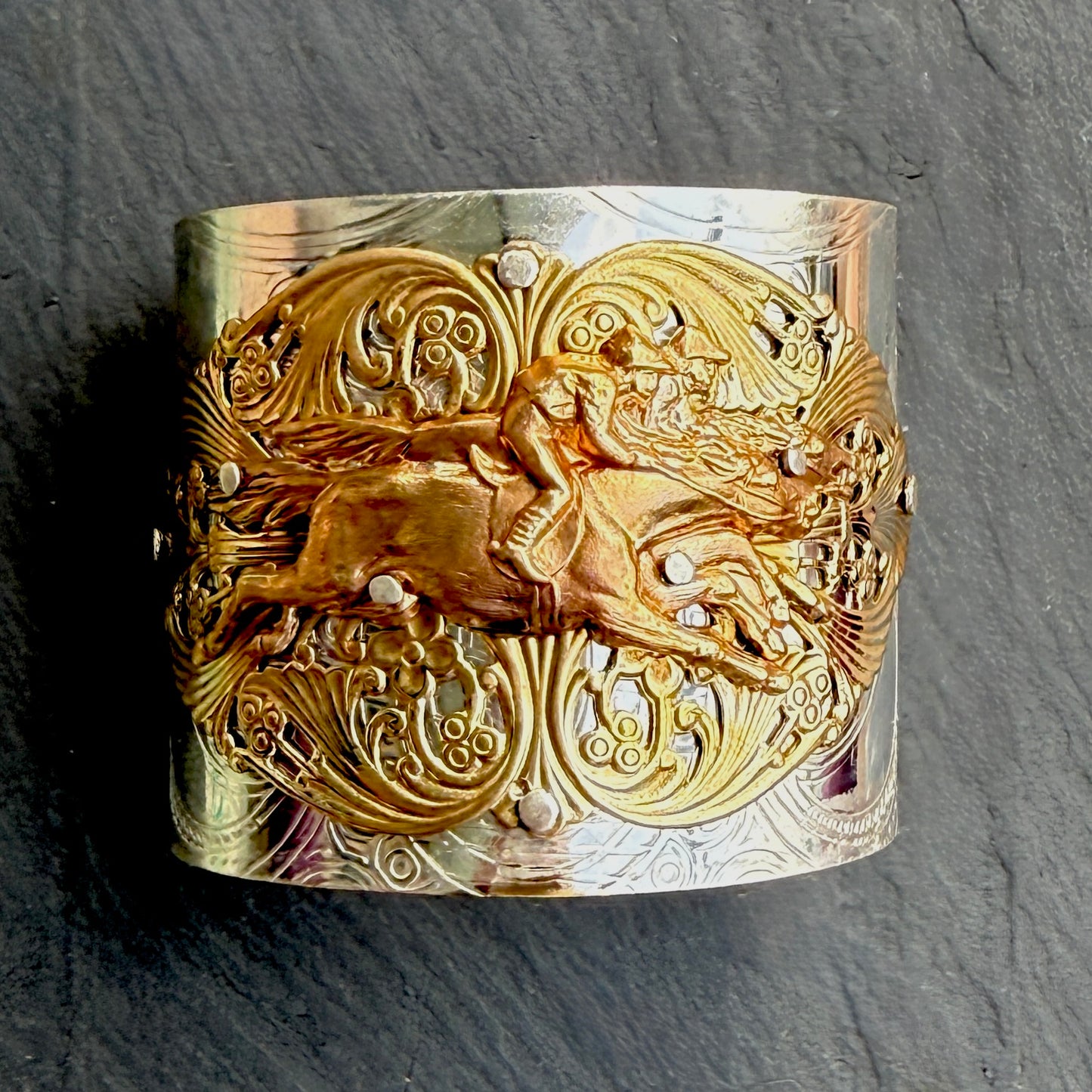 Silver Platter Horse Racing Cuff Bracelet