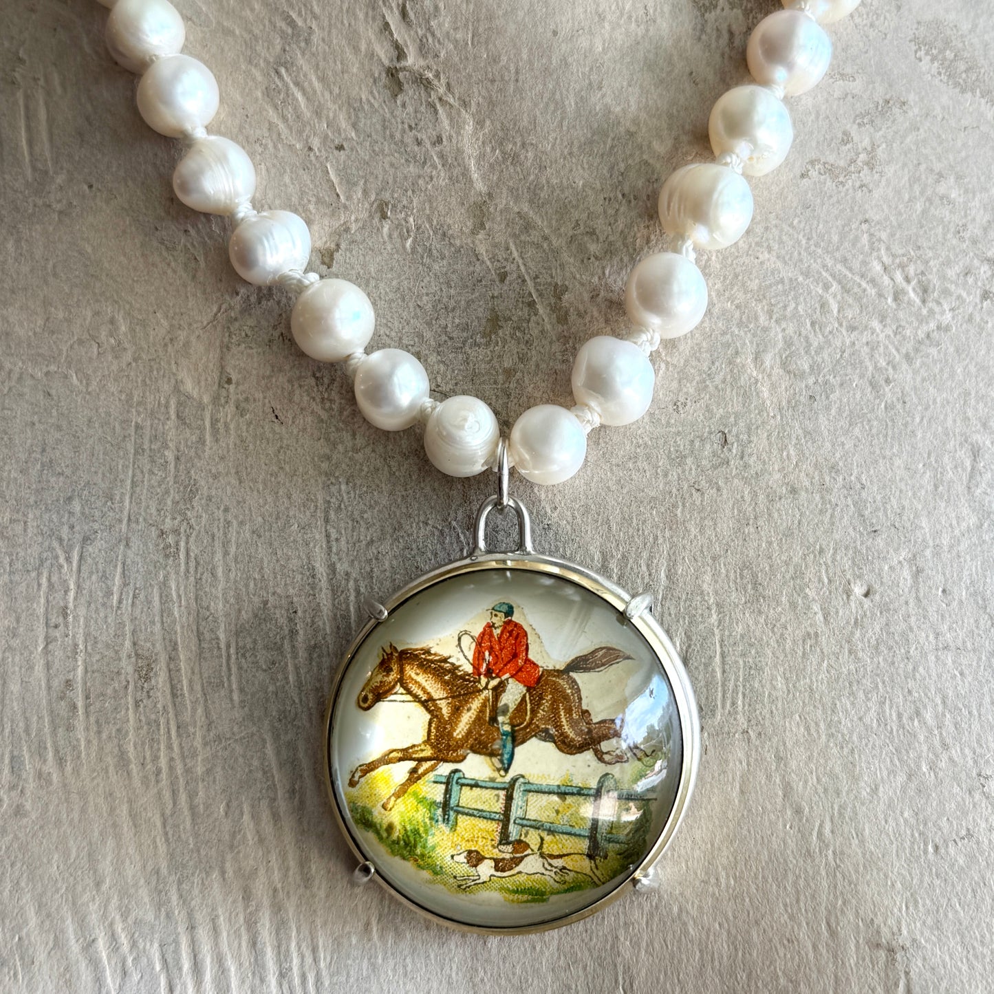 Vintage Fox Hunting Bridle Rosette on Pearl Necklace