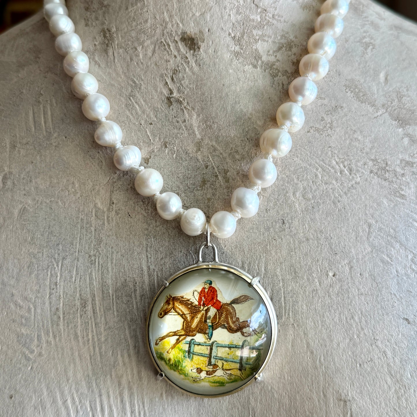 Vintage Fox Hunting Bridle Rosette on Pearl Necklace