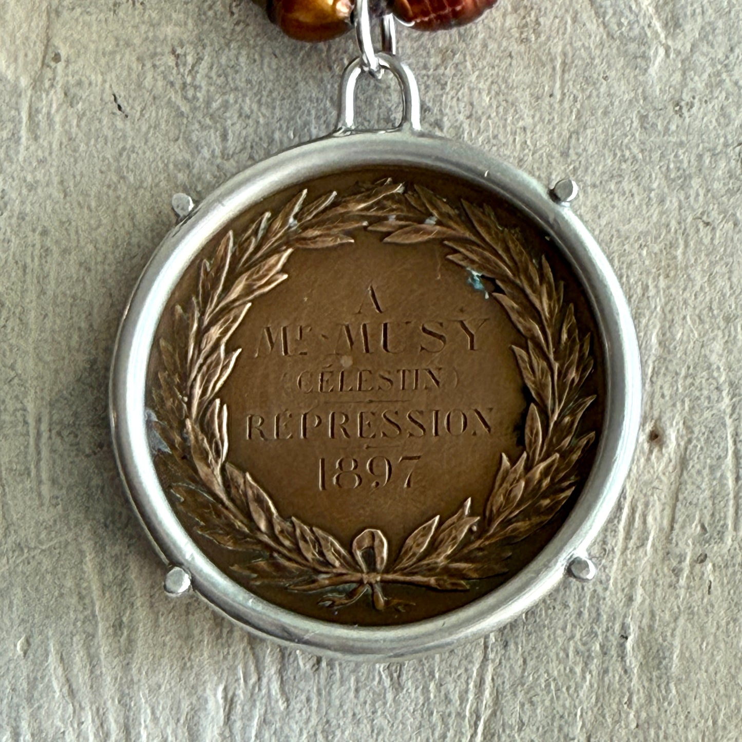 1897 Protectrice Medal on Copper Freshwater Pearls