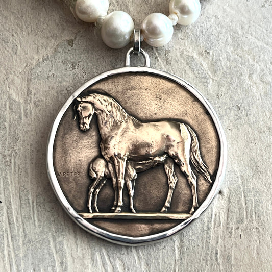 Bronze Mare and Foal Medal on White Pearl Necklace
