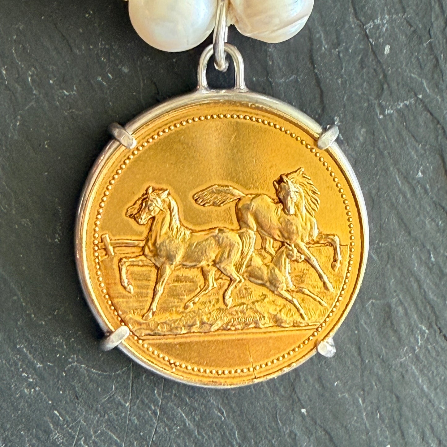 1930 Gilded French Horse Show Medal on Pearl Necklace