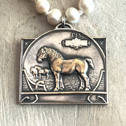1947 Concours de Chevaux Medal on White Pearl Necklace