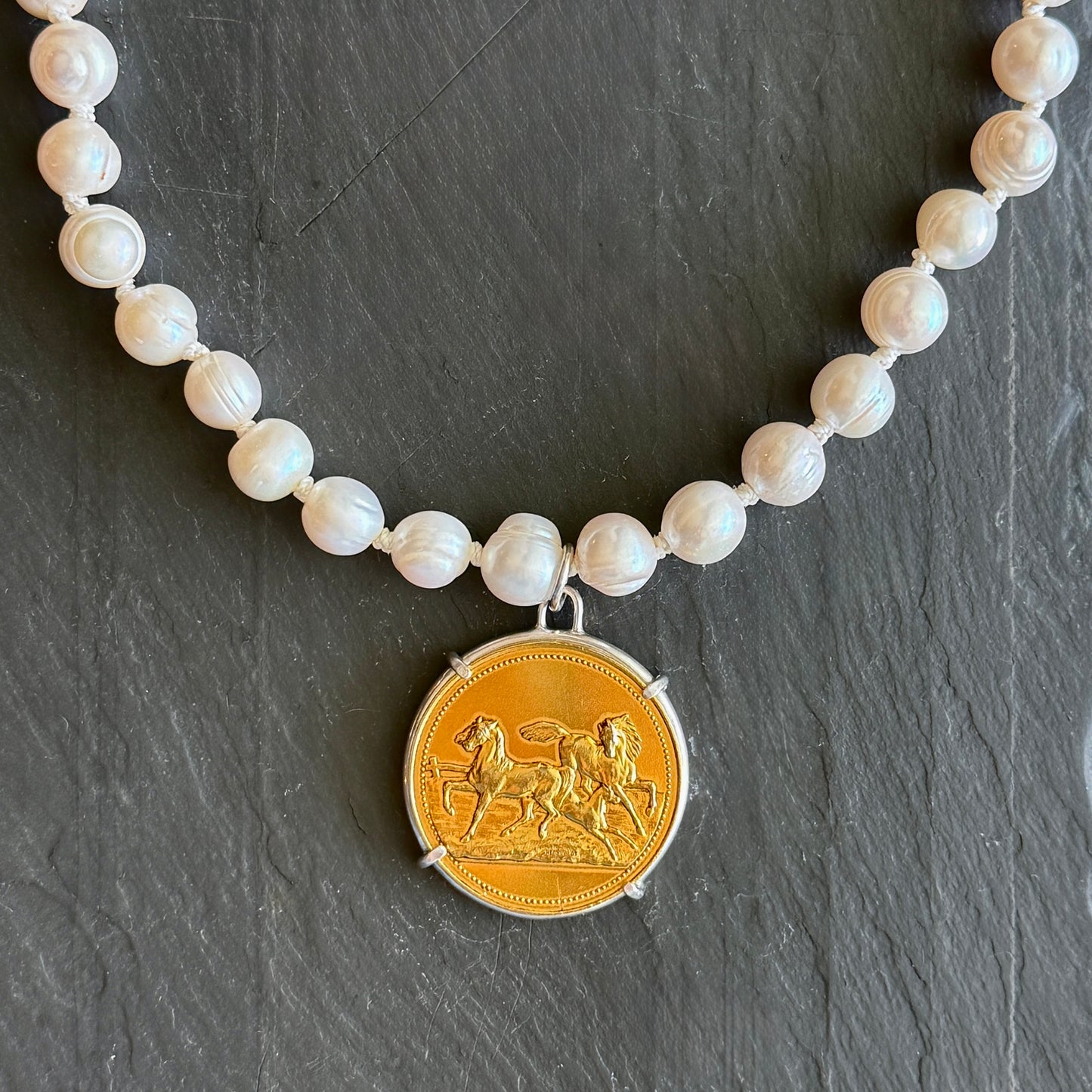 1930 Gilded French Horse Show Medal on Pearl Necklace