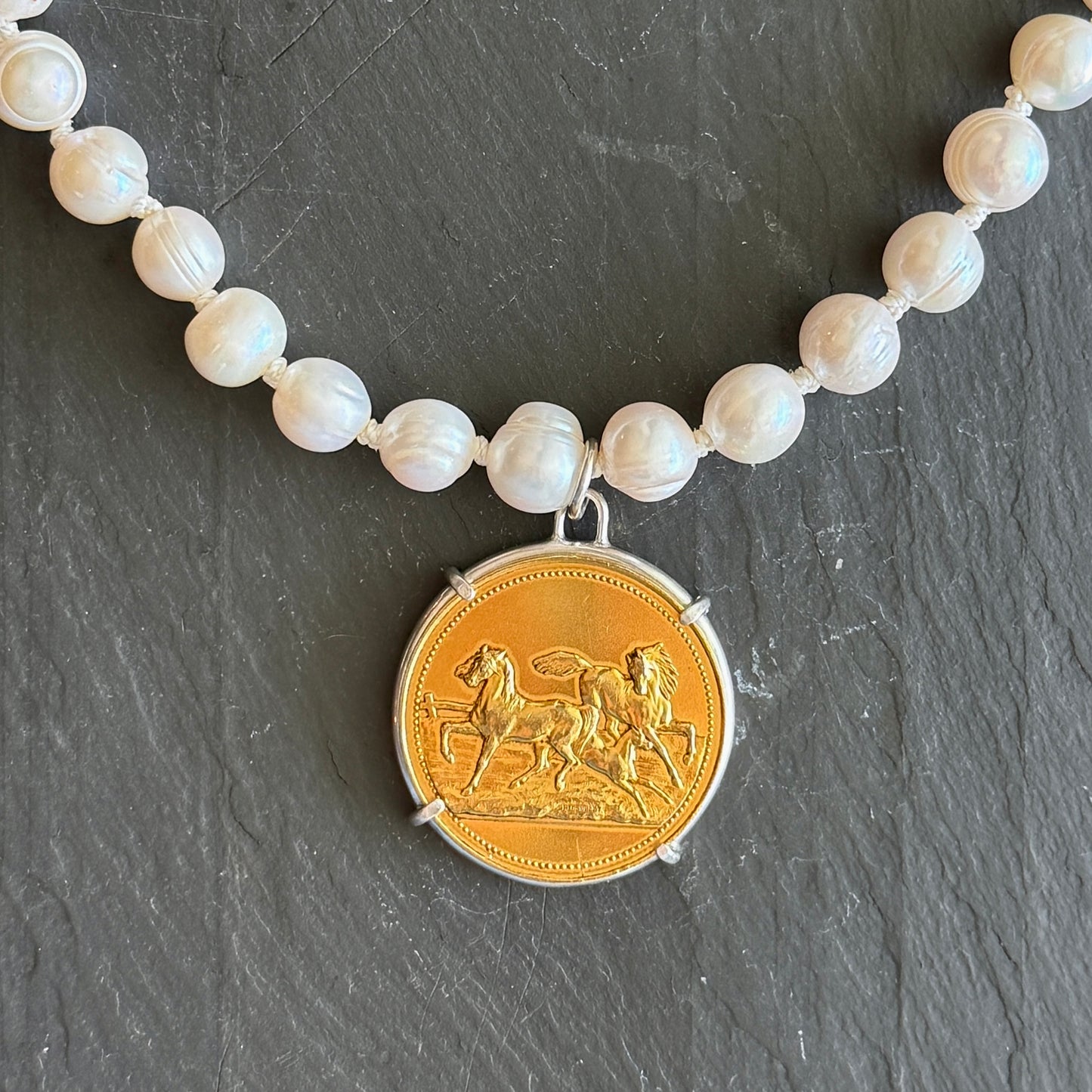 1930 Gilded French Horse Show Medal on Pearl Necklace