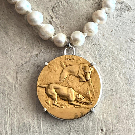 Gilded Bronze Terrier Medal on White Pearl Necklace