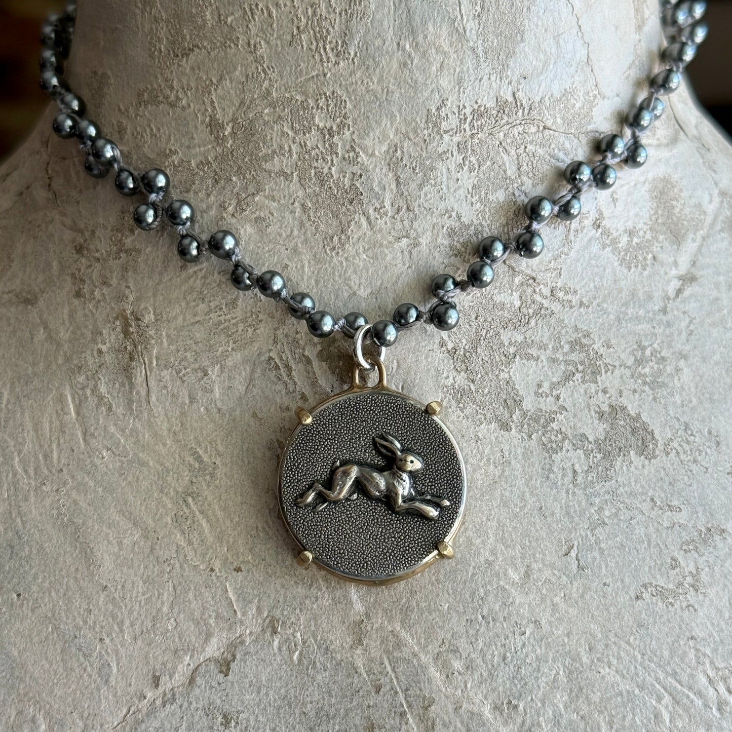 Large Silver Hopping Hare Button Necklace