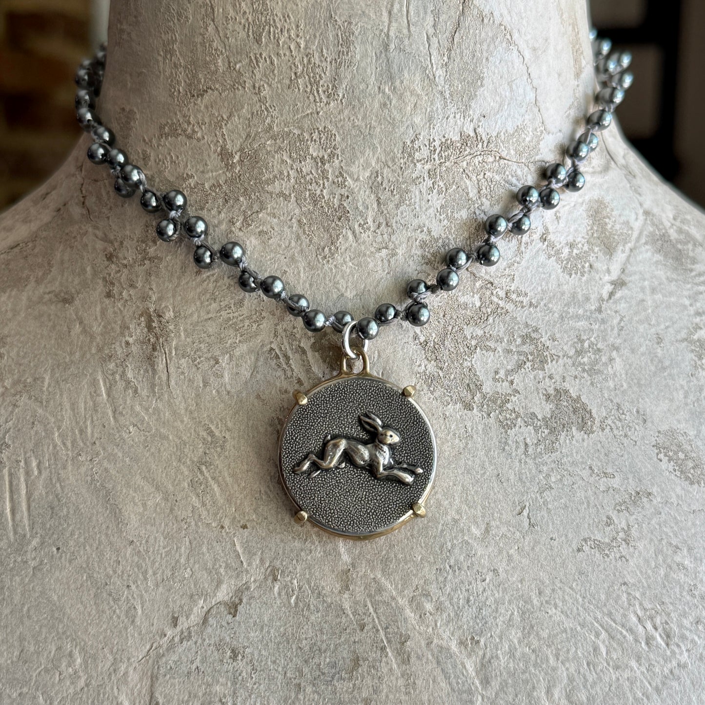 Large Silver Hopping Hare Button Necklace
