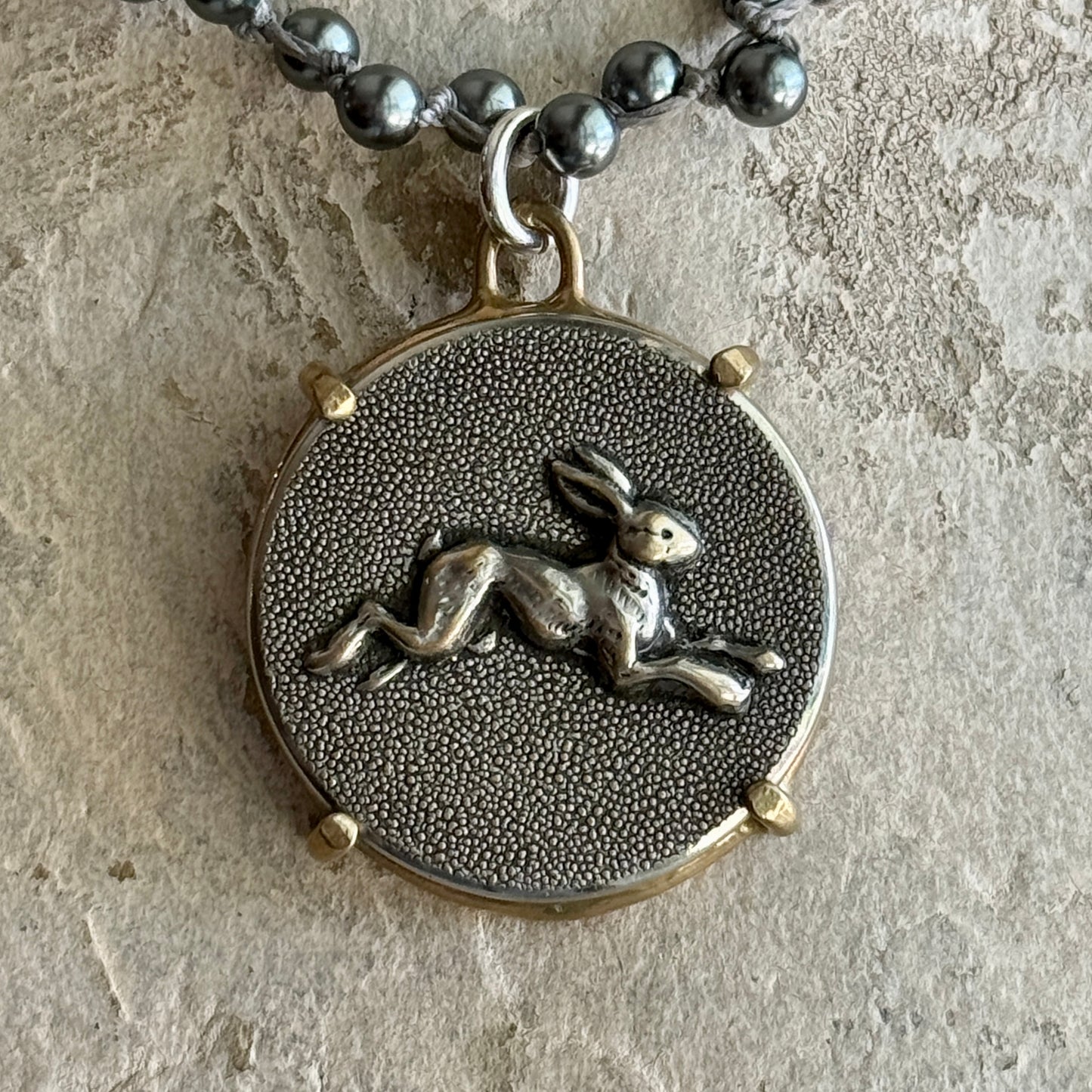 Large Silver Hopping Hare Button Necklace
