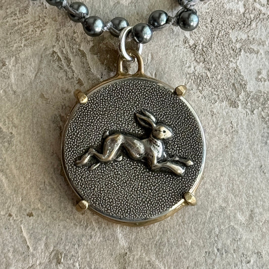 Large Silver Hopping Hare Button Necklace