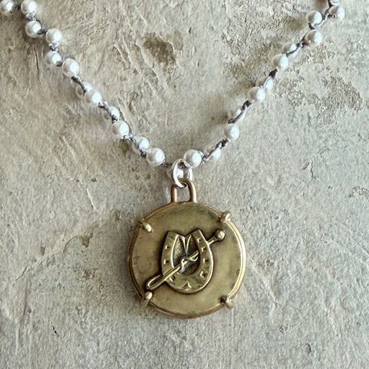 Brass Horseshoe  Button Horse Necklace