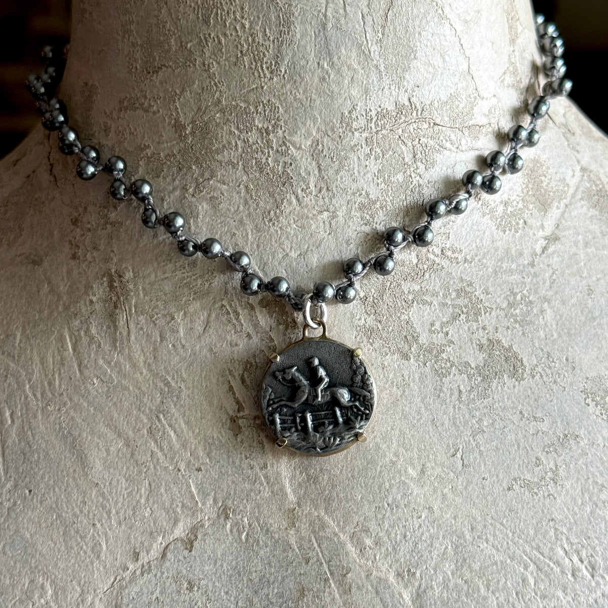 Pewter Galloping Horse Button Necklace