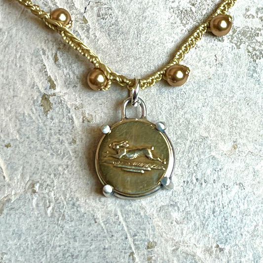 Little Lovely Hopping Hare Button on Pearl Necklace