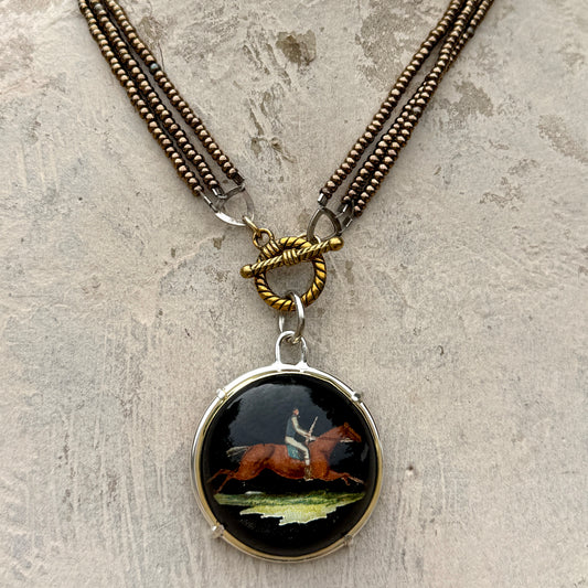 Vintage Black Racing Bridle Rosette on Toggle Necklace