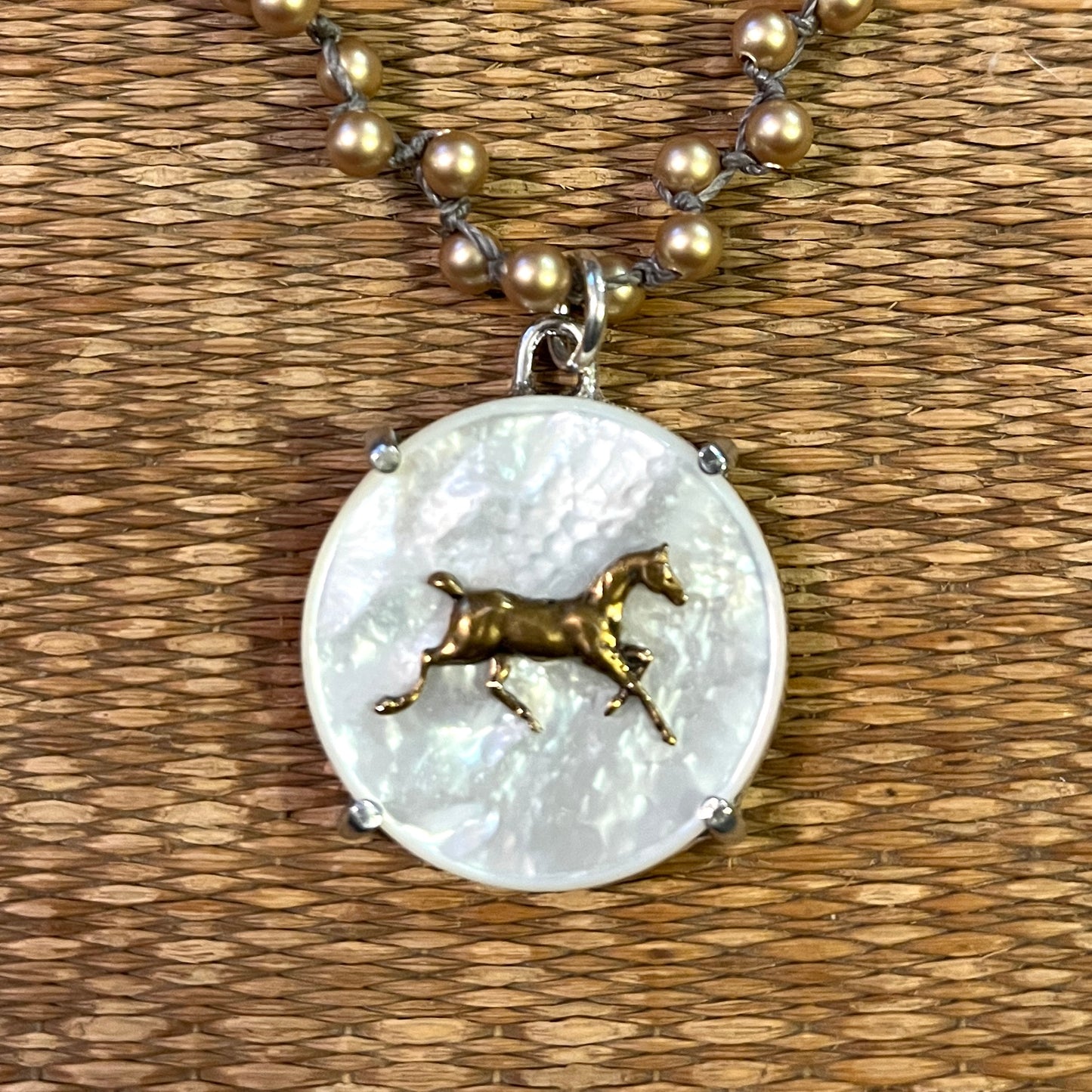 Mother-of-Pearl Horse  Button on Pearl Necklace