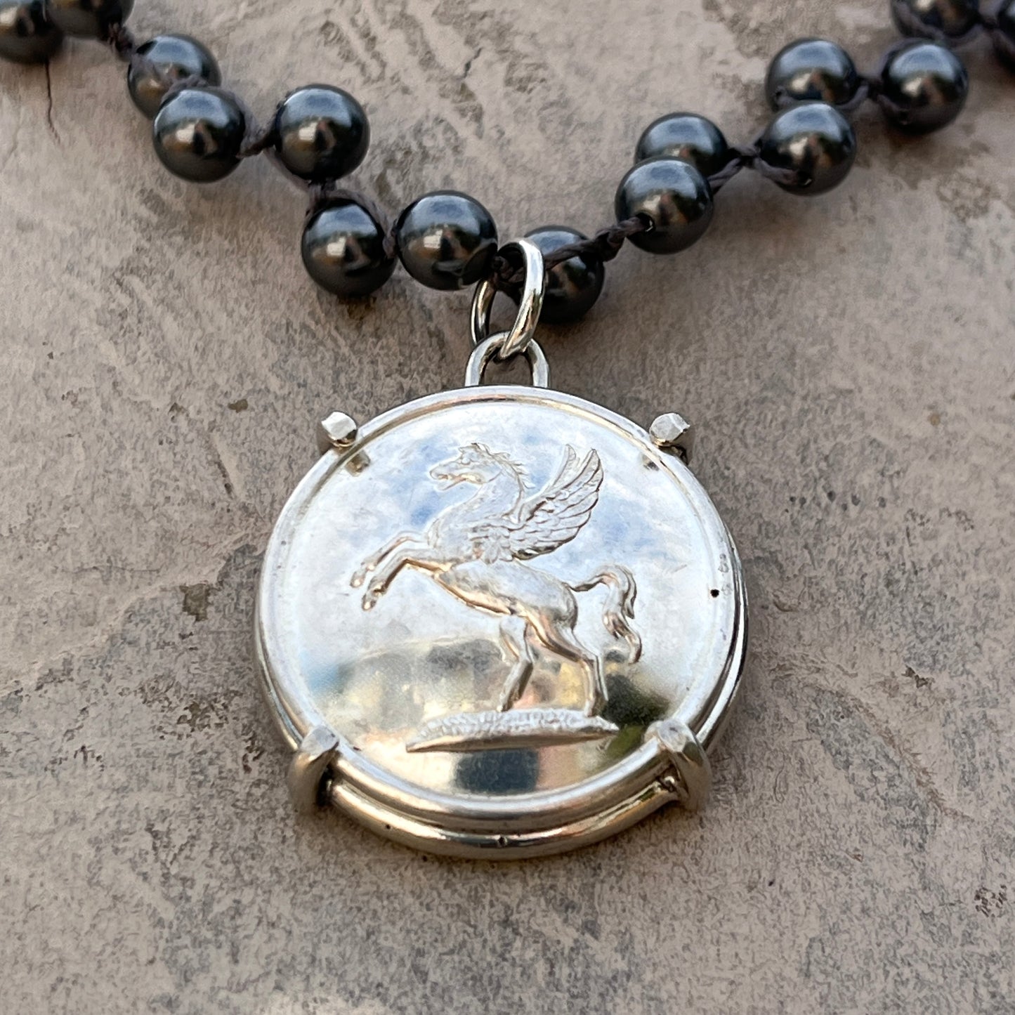 Silver Pegasus on Dark Grey Pearl Necklace