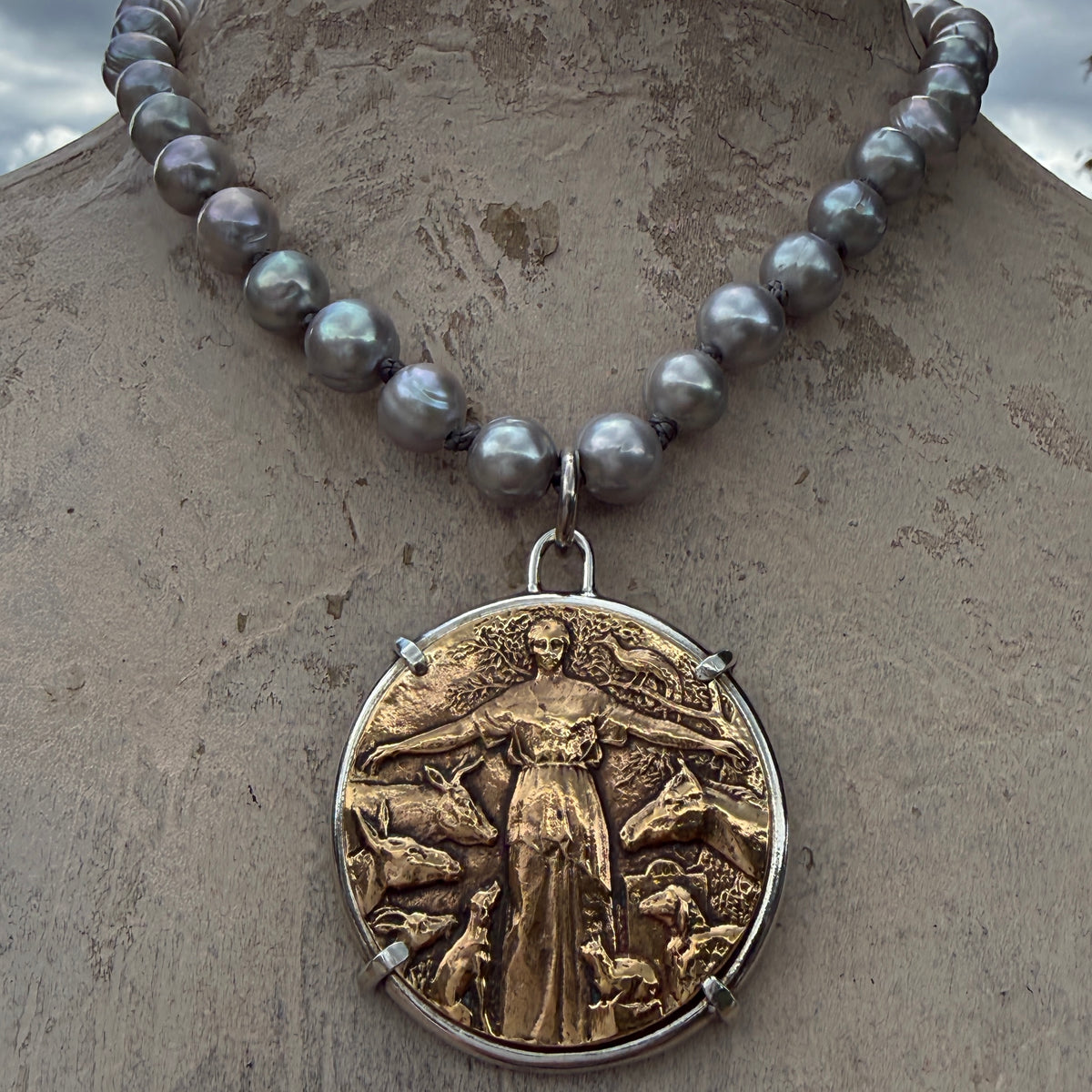 Rare 1933 Protectrice Medal on Grey Freshwater Pearls