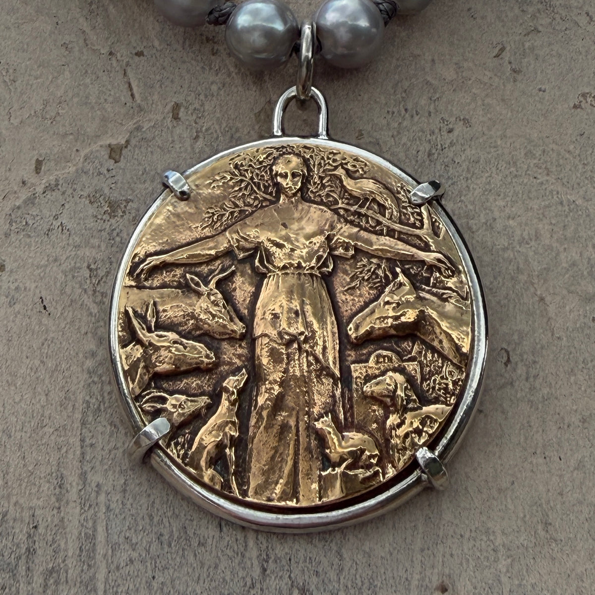 Rare 1933 Protectrice Medal on Grey Freshwater Pearls