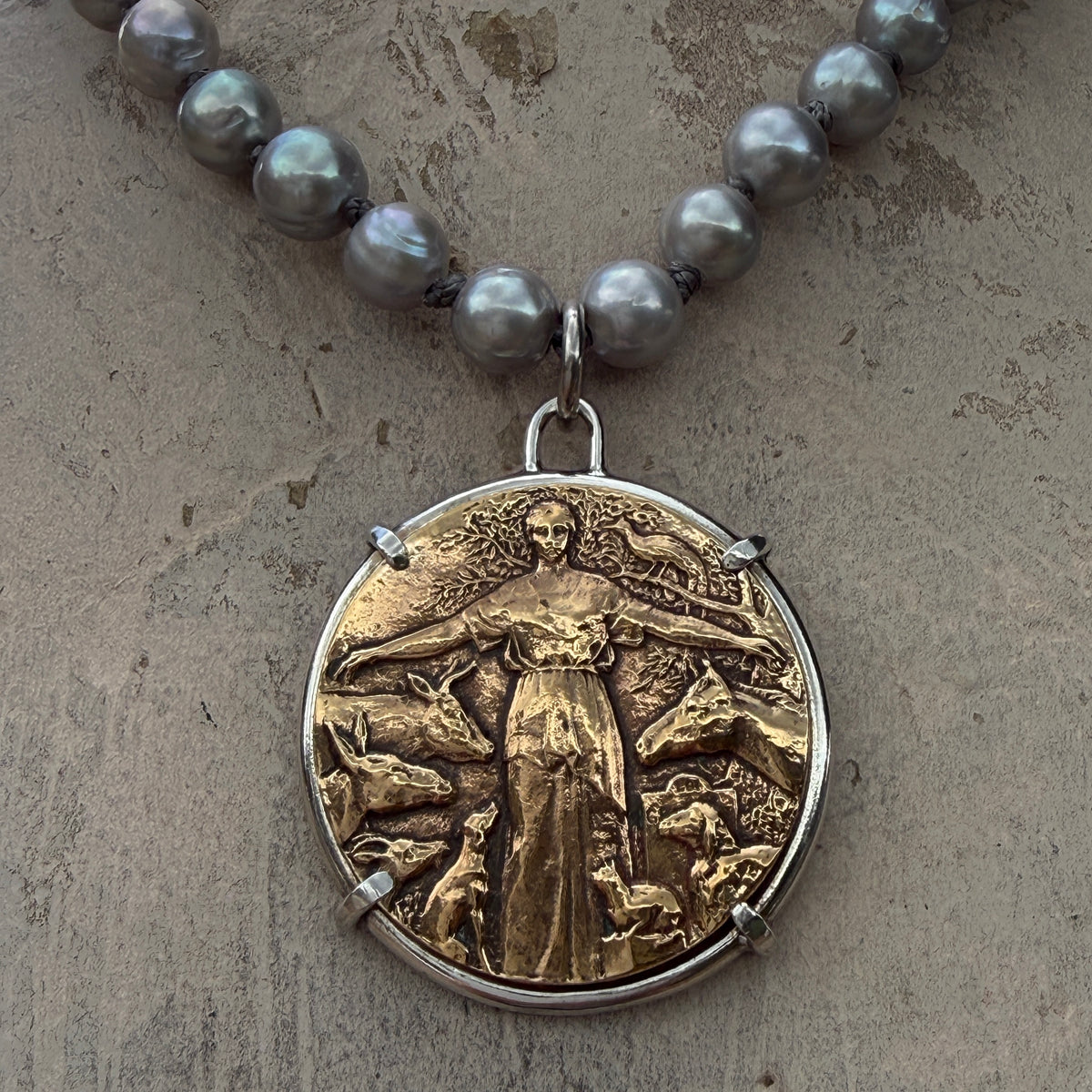 Rare 1933 Protectrice Medal on Grey Freshwater Pearls