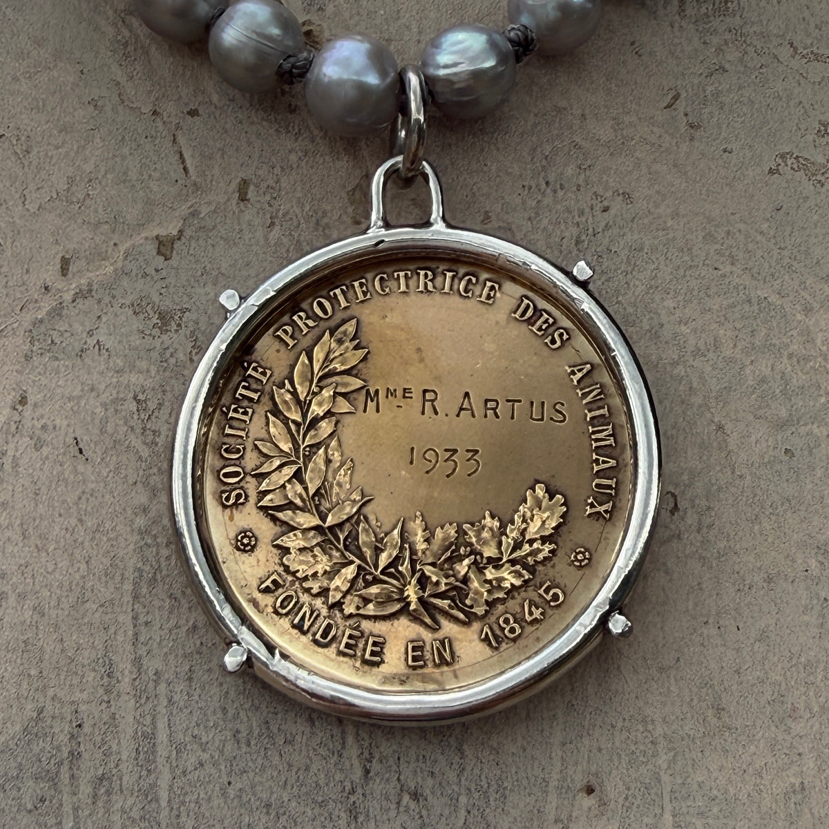 Rare 1933 Protectrice Medal on Grey Freshwater Pearls
