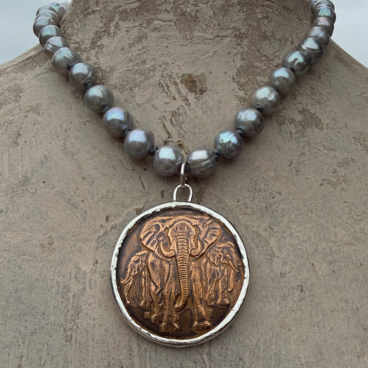 Carl Hagenbeck Commemorative Elephant Medal  On Pearl Necklace