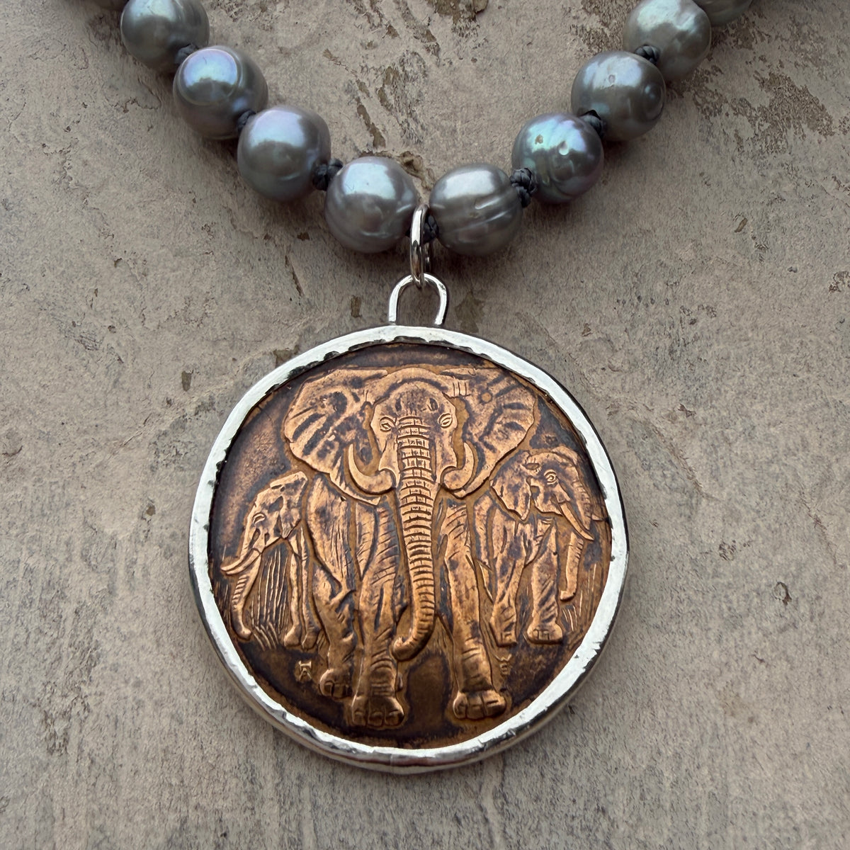 Carl Hagenbeck Commemorative Elephant Medal  On Pearl Necklace
